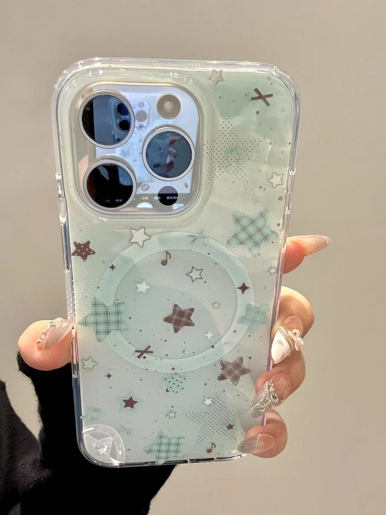Ameigas Mint Check Star Stand Case - Korean Instagram Style DualGuard MagSafe Cover