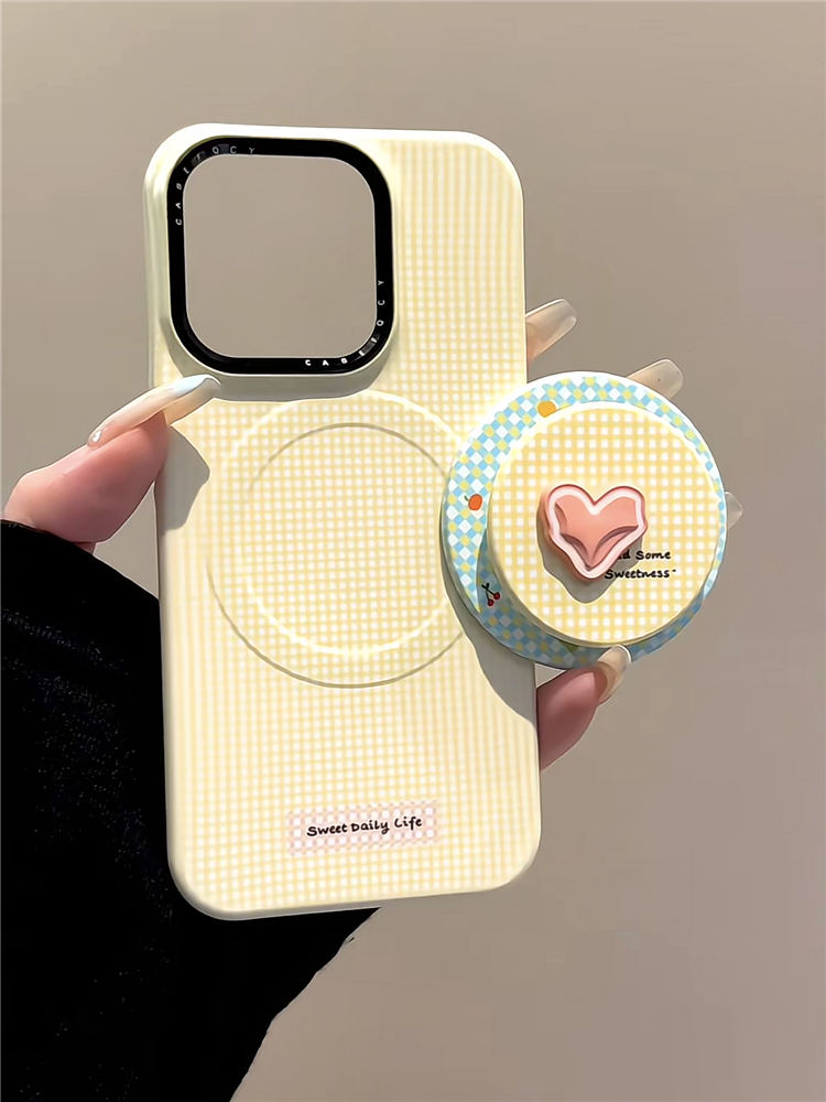 Ameigas Ins Yellow Plaid Pink Heart Magnetic Stand Film Phone Case
