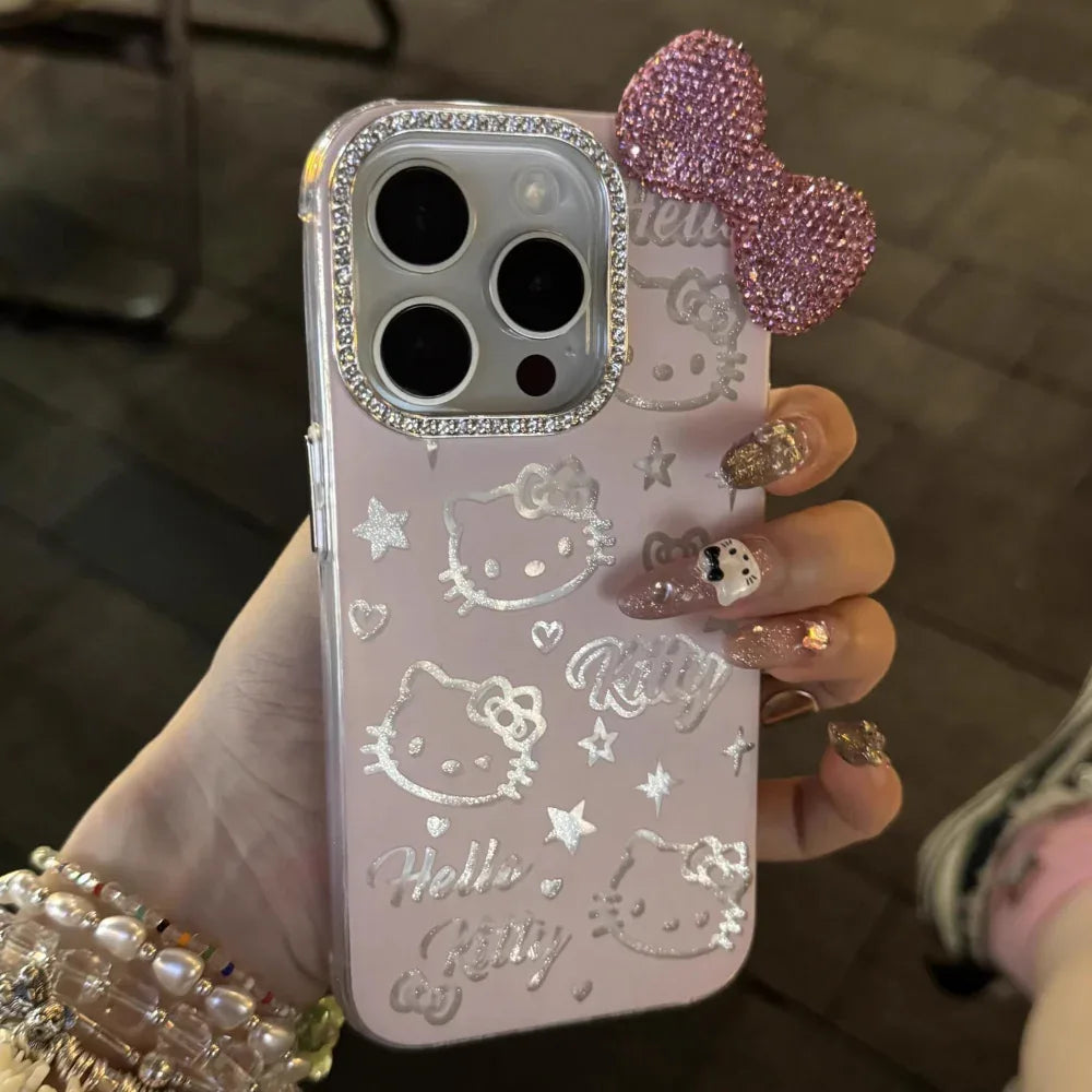 Ameigas Cute KT Cat 3D Crystal Bow Protective Phone Case - Ameigas
