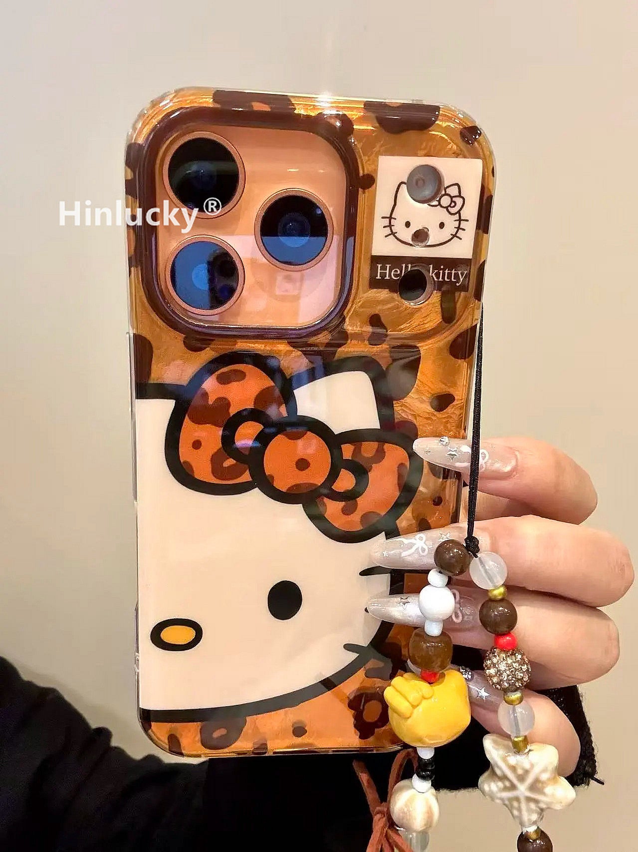 Ameigas Maillard Bow-Kitty Case - Leopard Print Cat with Detachable Chain & Foil Guard