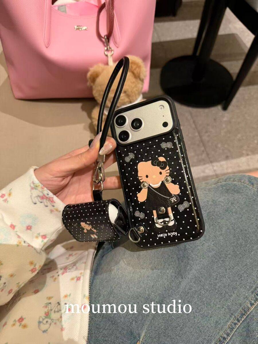 Ameigas Leather AirPods Cat Case - 2-in-1 Phone & Wireless Earbuds Holder with Strap