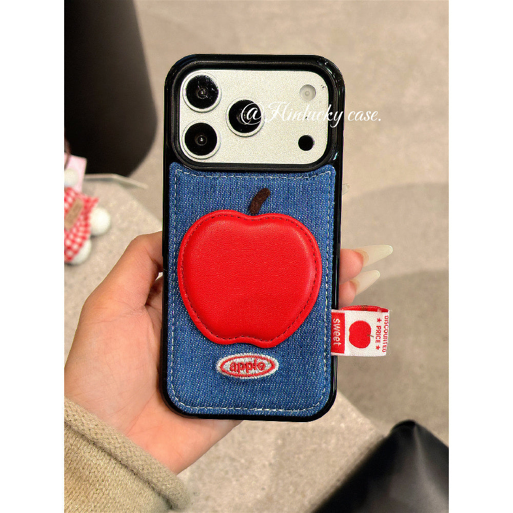 Ameigas Denim Harvest Case - 3D Red Apple Charm on Corduroy Full-Body Cover for iPhone