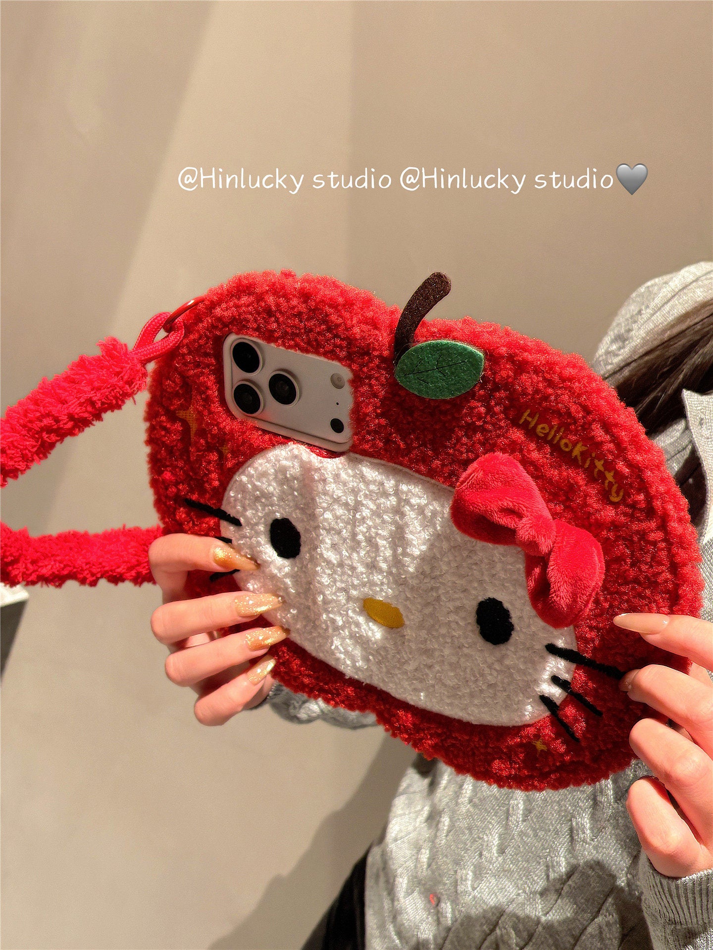 Ameigas Plush Flip Case - Cozy Red Apple Cat with Detachable Wrist Strap