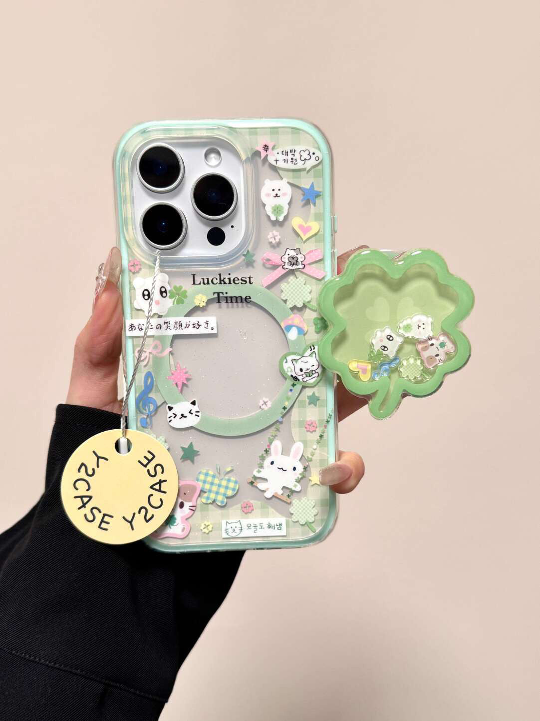 Ameigas Spring Lucky Cat Case - Clover Shake Cat with Magnetic 2-in-1 Stand & IMD Double Layer Protection
