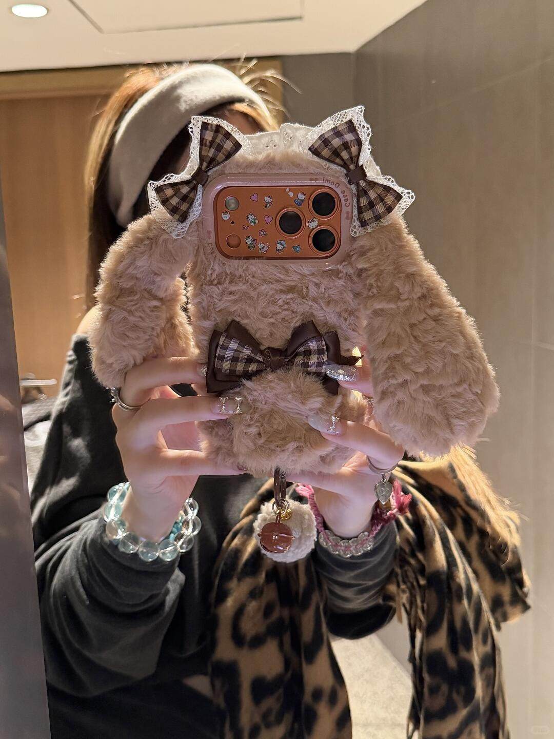 Ameigas Plaid Plush Case - Brown Check with Faux Fur, Lace & Bunny Ears Design
