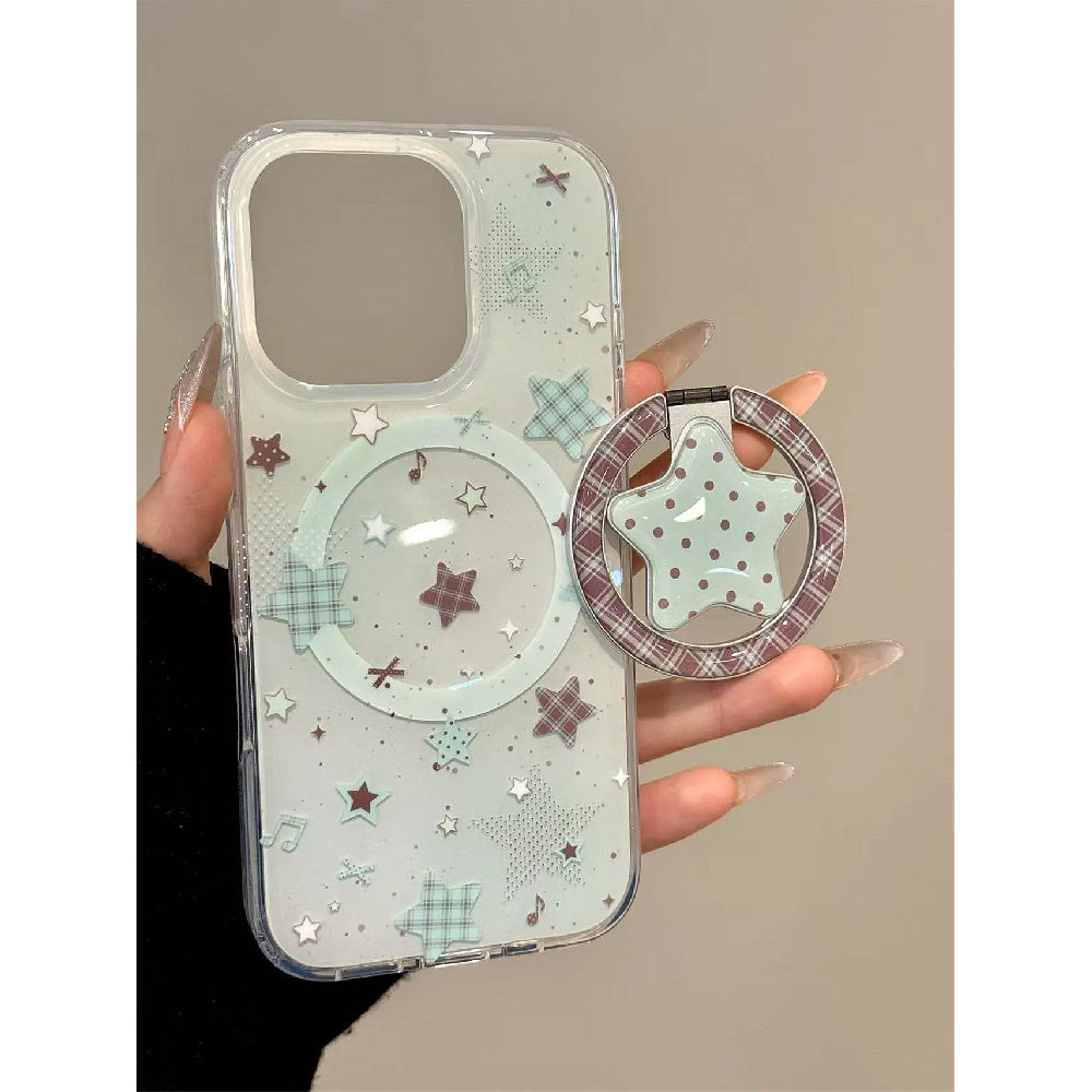 Ameigas Mint Check Star Stand Case - Korean Instagram Style DualGuard MagSafe Cover