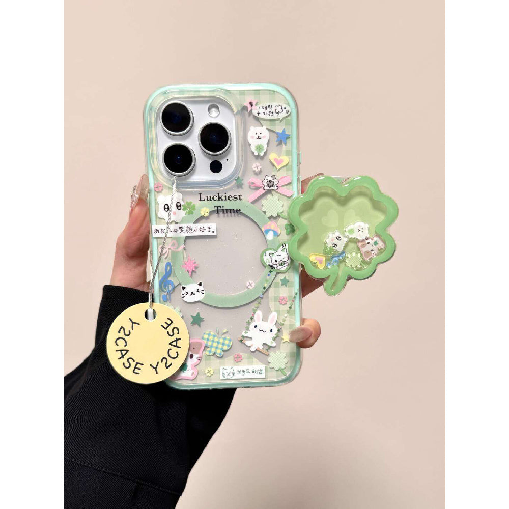 Ameigas Spring Lucky Cat Case - Clover Shake Cat with Magnetic 2-in-1 Stand & IMD Double Layer Protection