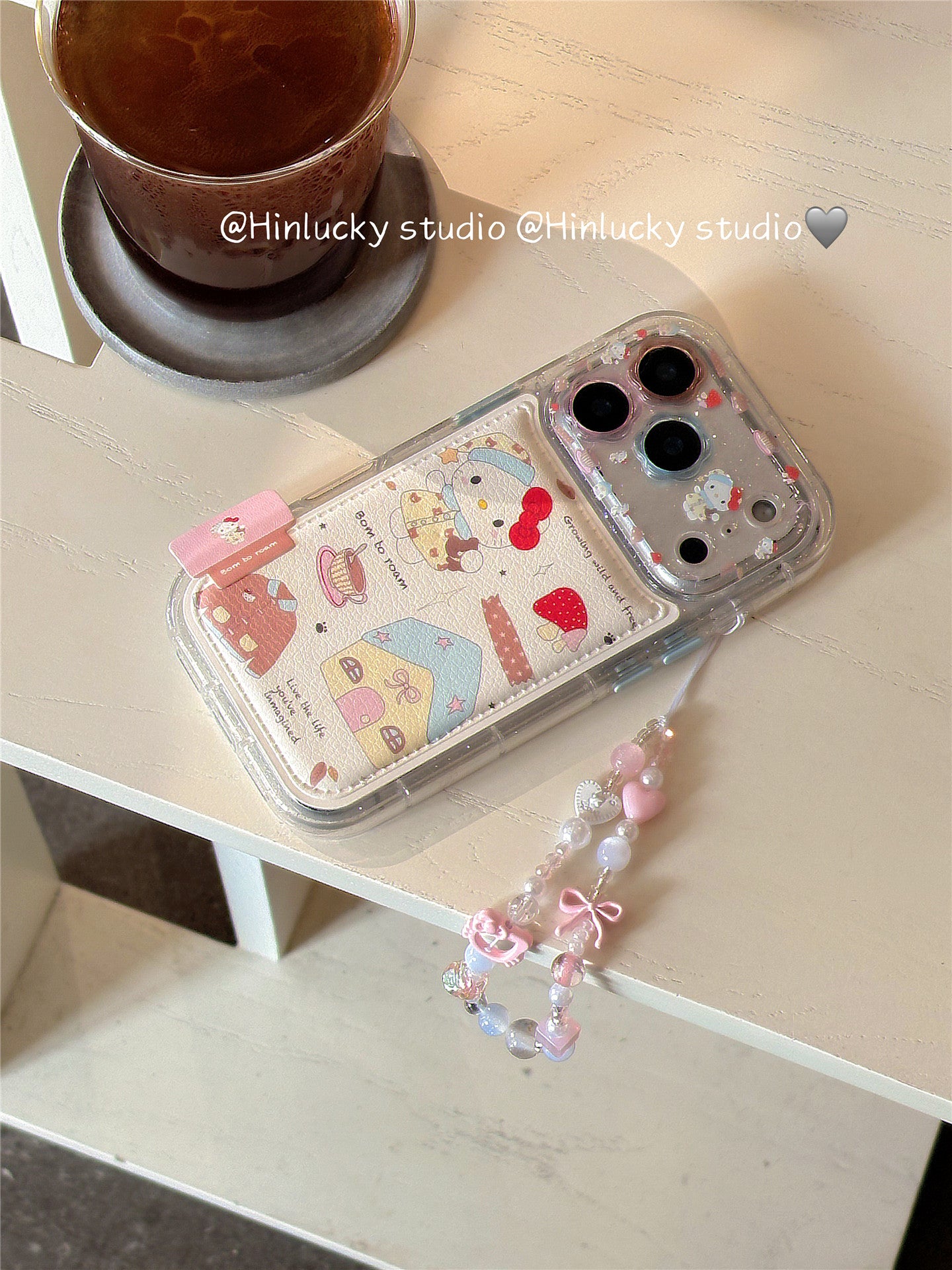 Ameigas Doodle Cafe Case - Cartoon House & Cat Leather Cover with Chain