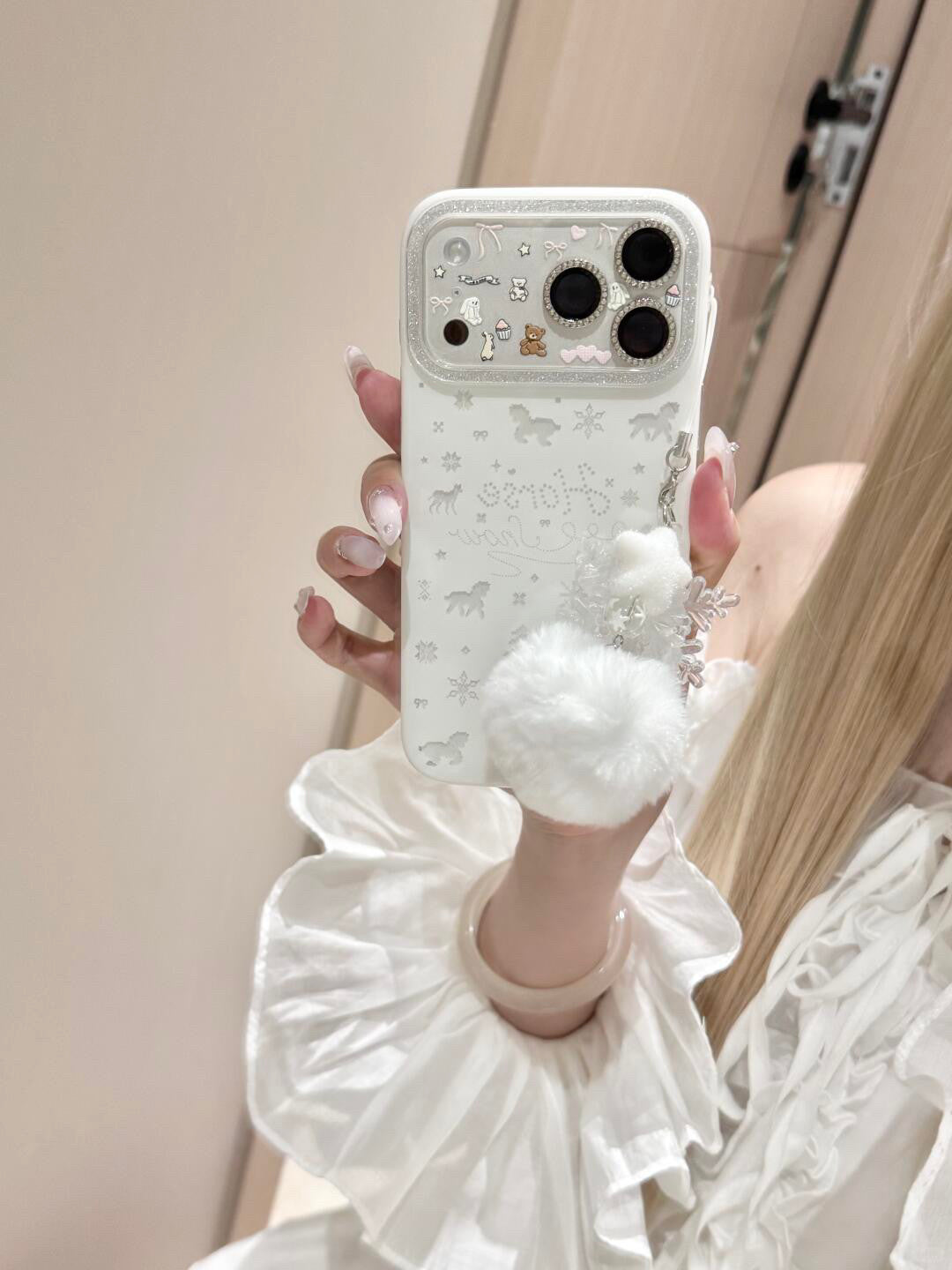 Ameigas Winter Pony Case - Dreamy Snowflake & Bow Pony with Plush PomPom Accent