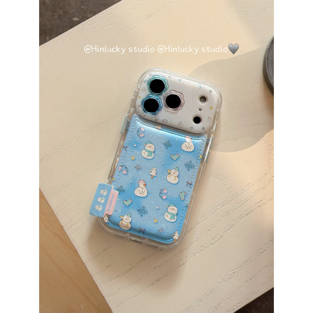 Ameigas Frostfell Collage Case - Blue Snowflake & Snowman Leather Cover for iPhone