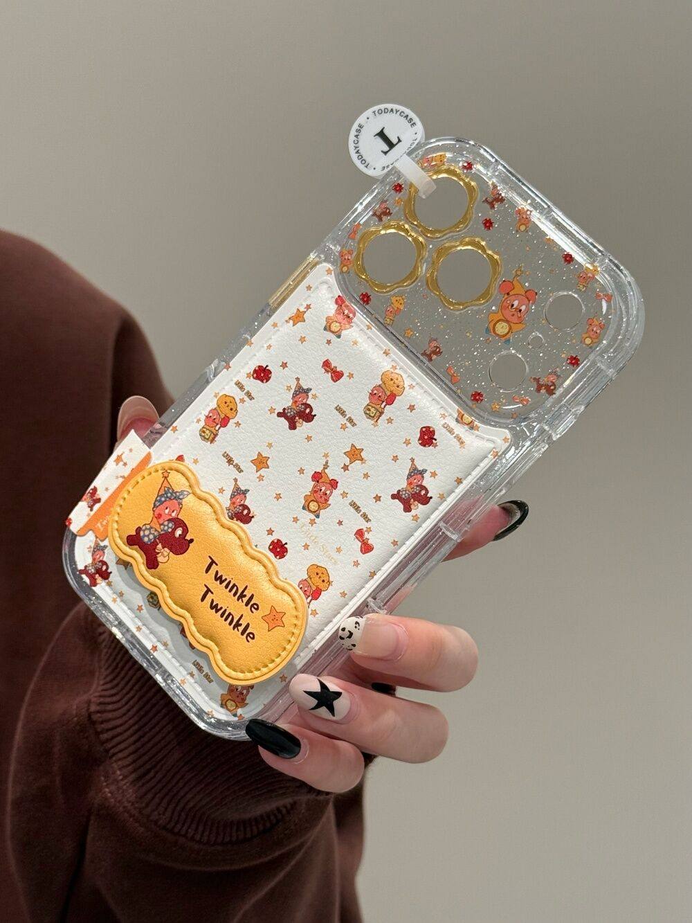 Ameigas Floral Starry Case - Glitter Flower, Leather Texture & Star Character Design with Built-in Stand