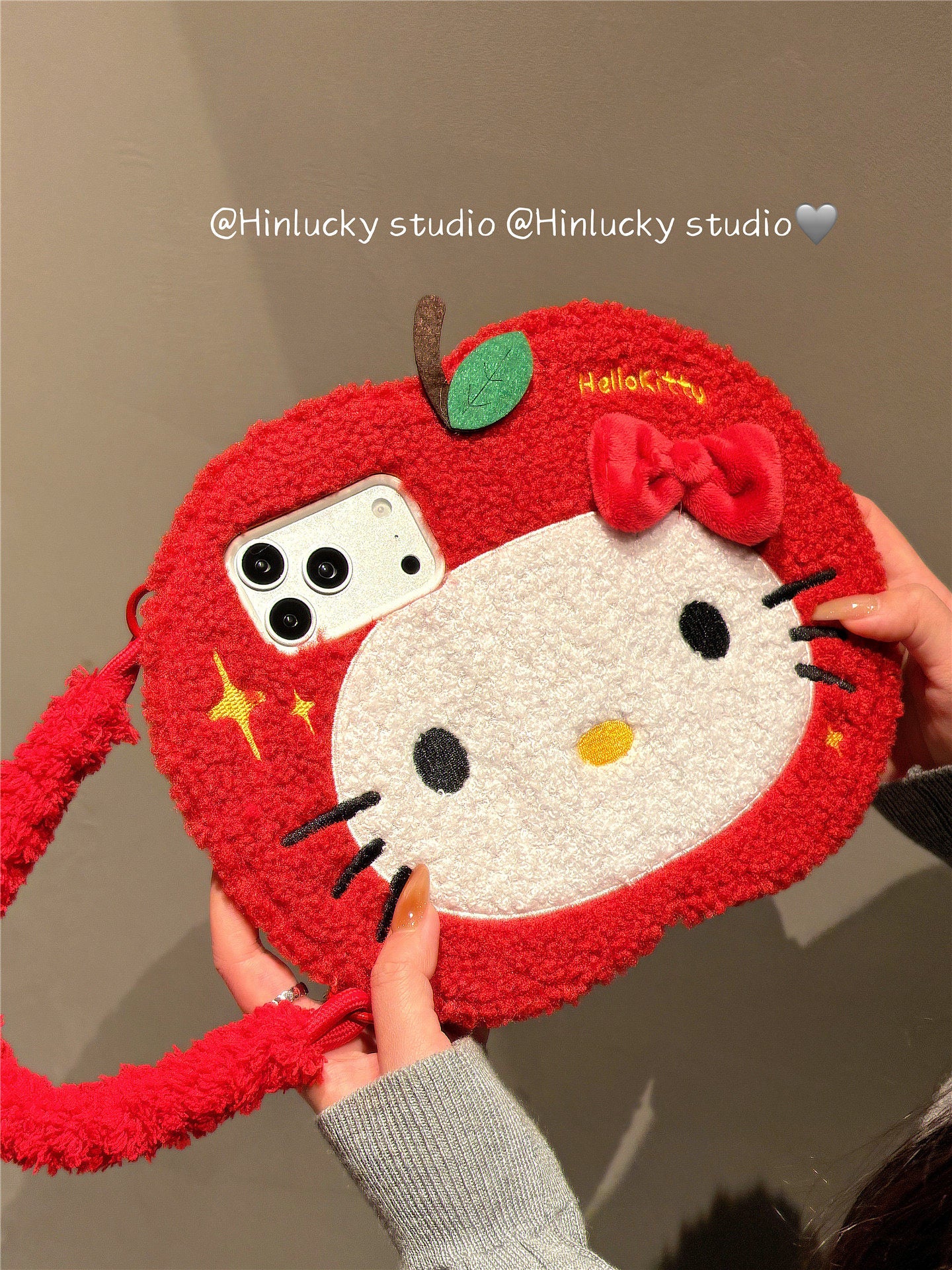 Ameigas Plush Flip Case - Cozy Red Apple Cat with Detachable Wrist Strap