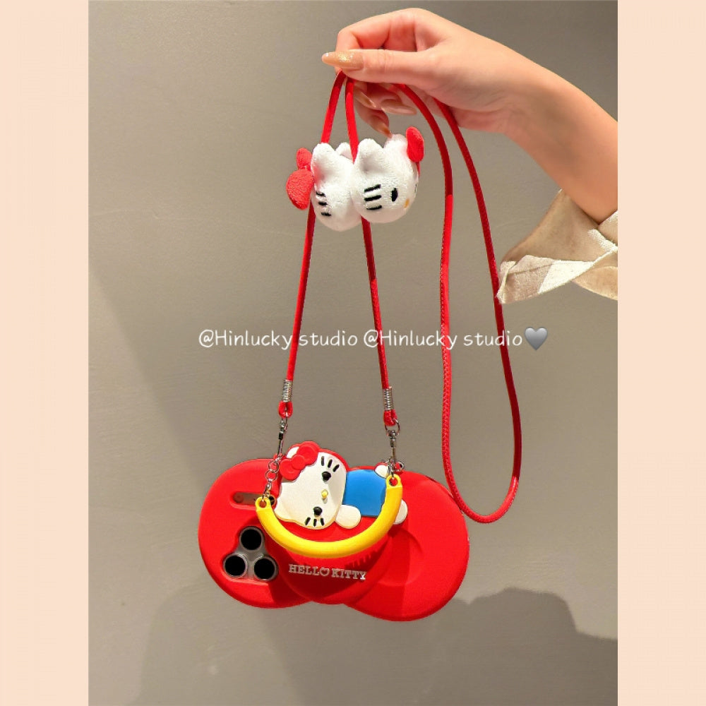 Ameigas Bow-Tie Kitty Strap Case - Red Ribbon Cat with Crossbody Strap Silicone Cover