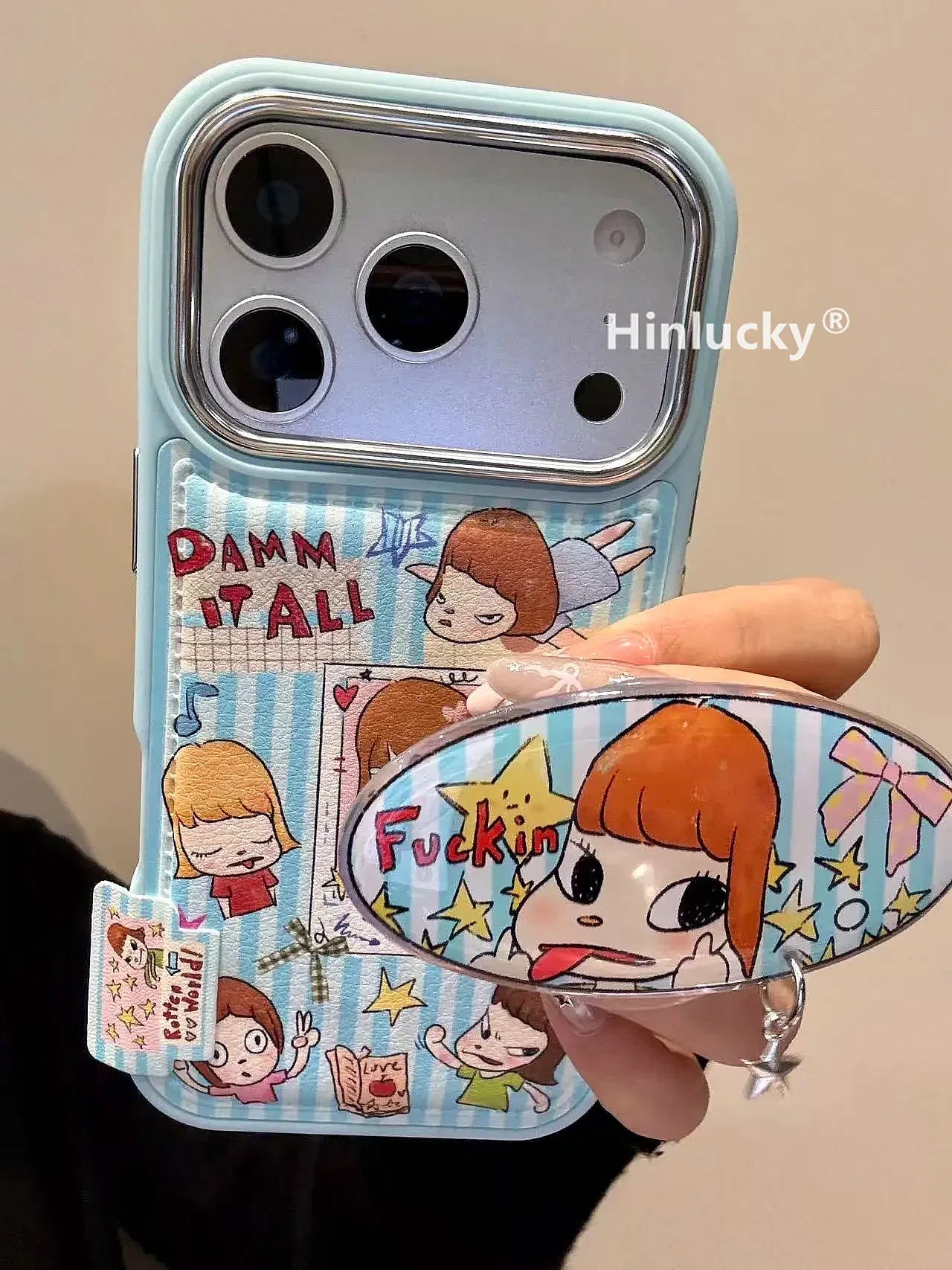 Ameigas Blue Stripe Nara Case - Artistic Doll Illustration Suede Cover with Stand - Ameigas