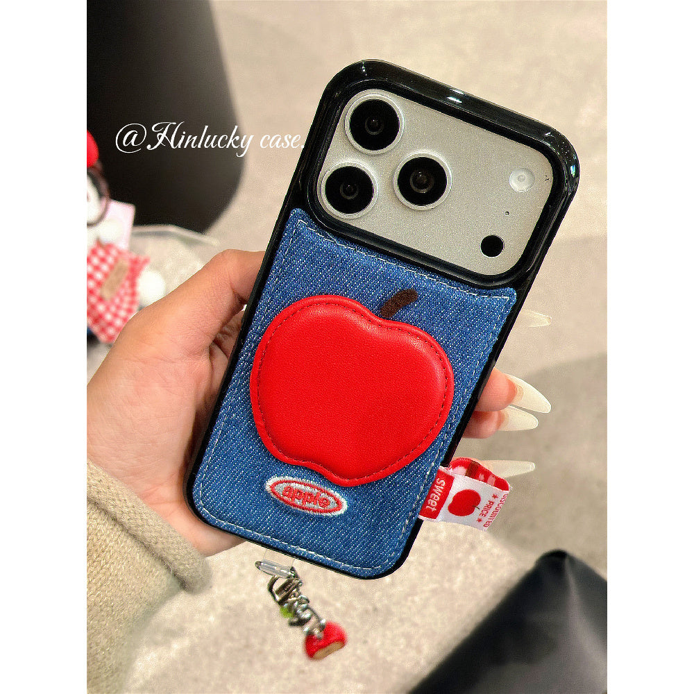 Ameigas Denim Harvest Case - 3D Red Apple Charm on Corduroy Full-Body Cover for iPhone