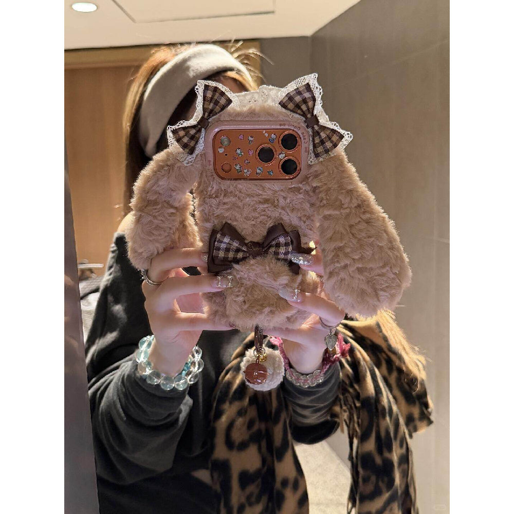 Ameigas Plaid Plush Case - Brown Check with Faux Fur, Lace & Bunny Ears Design