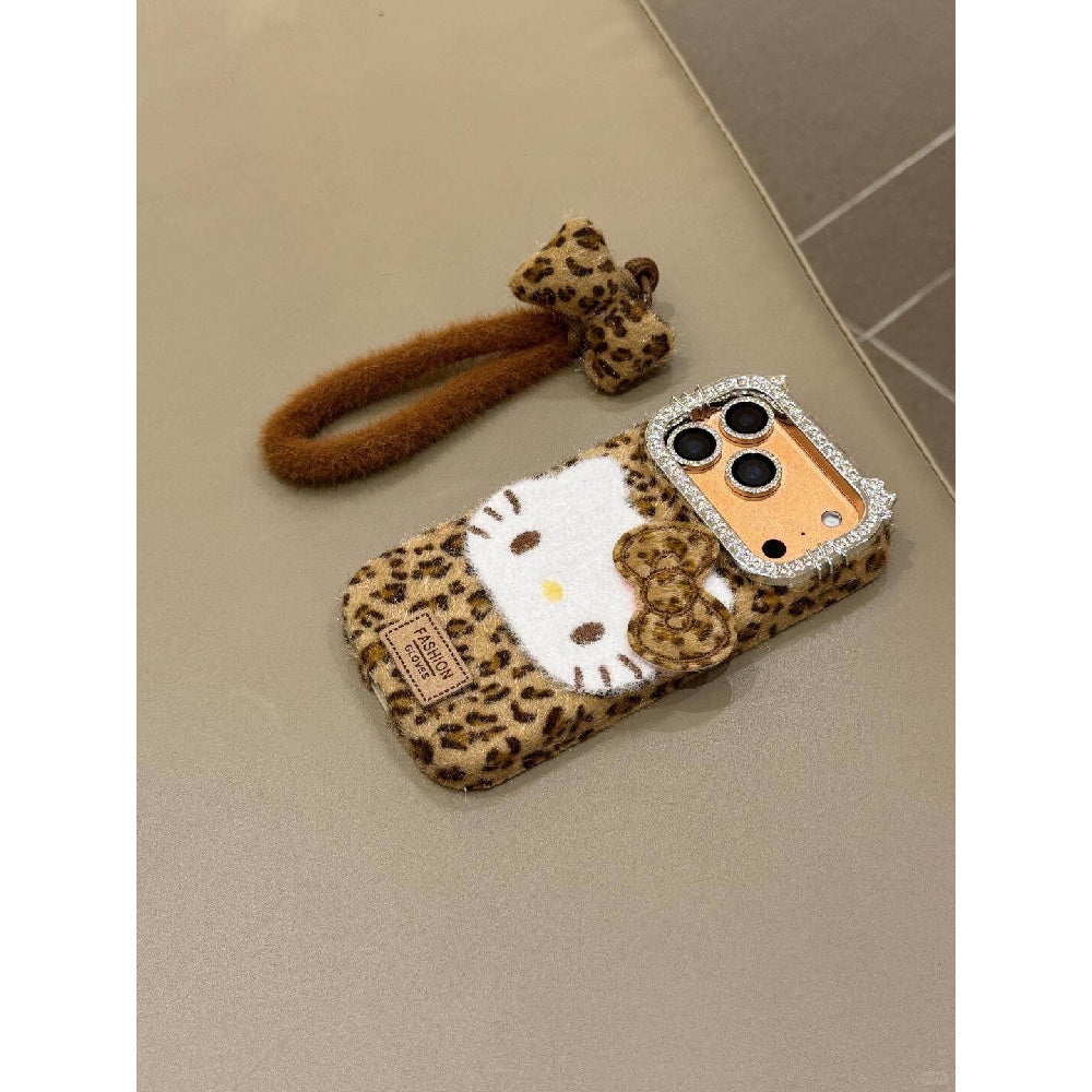 Ameigas Winter Plush Leopard Case - Cozy Faux Fur with Bow Accent & Wristlet Strap
