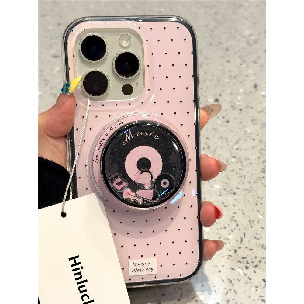Ameigas Spin-Spring Vinyl Case - Pink Polka Dot Record with Bobble & Stand