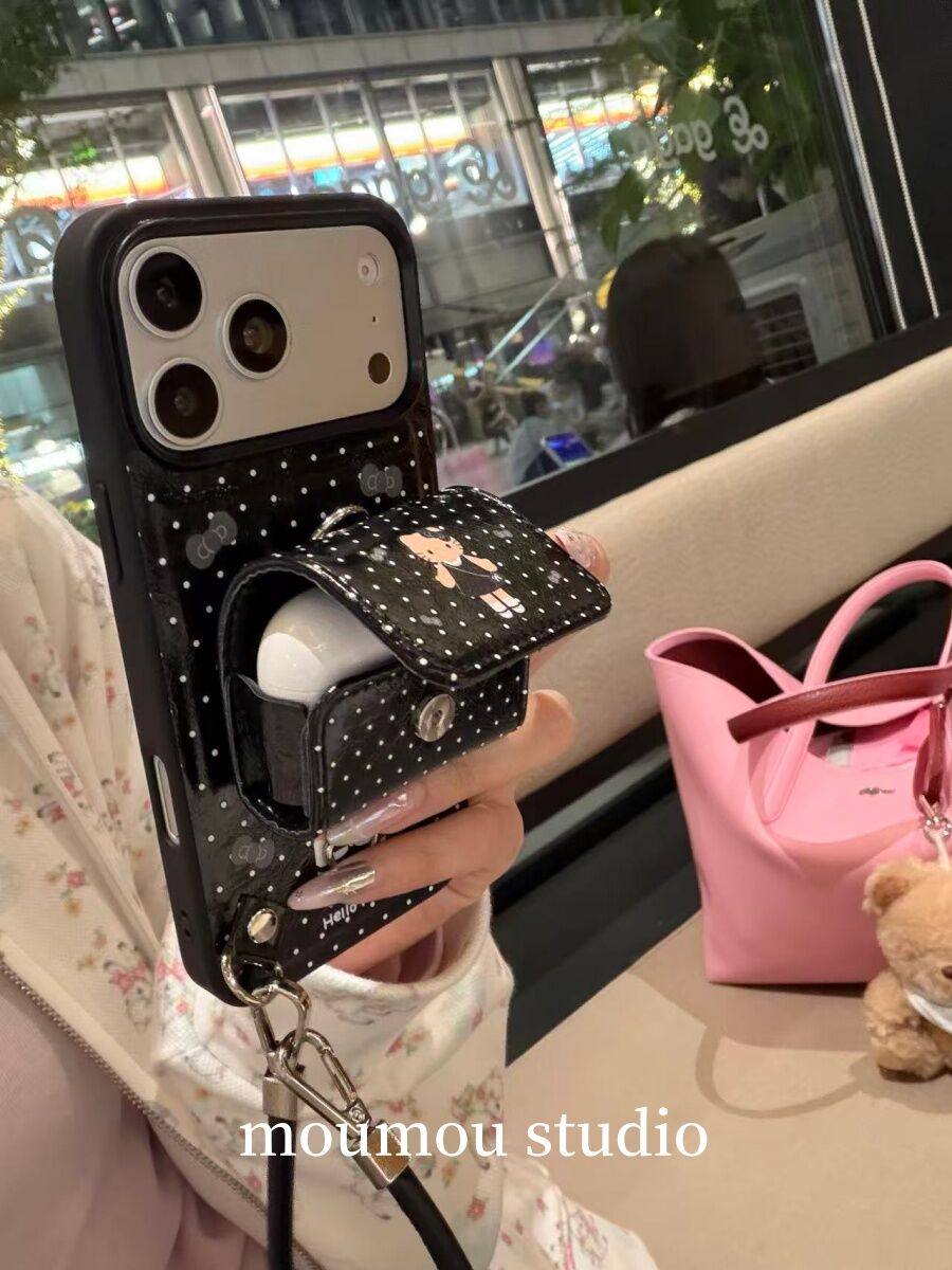 Ameigas Leather AirPods Cat Case - 2-in-1 Phone & Wireless Earbuds Holder with Strap