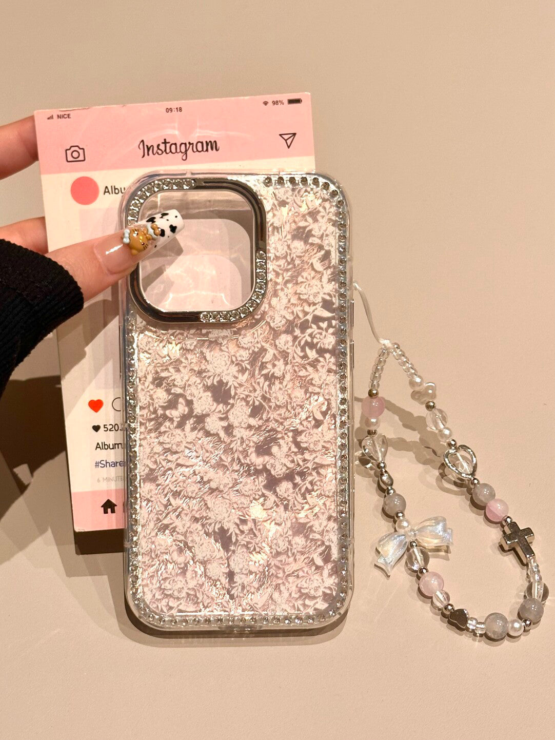 Ameigas Elegant Floral Case - Pink Base with White Florals & Chrome Plated Frame