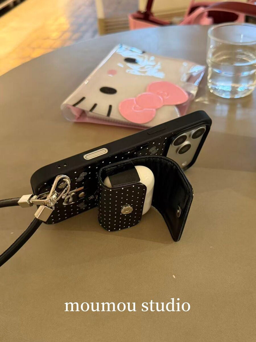 Ameigas Leather AirPods Cat Case - 2-in-1 Phone & Wireless Earbuds Holder with Strap