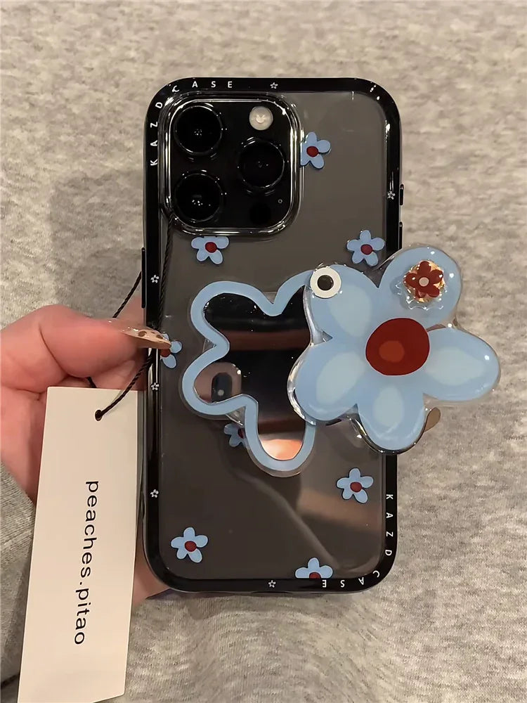 Ameigas Bloom Mirror Case - Spinning Blue Flowers & Magnetic Stand Acrylic Cover - Ameigas