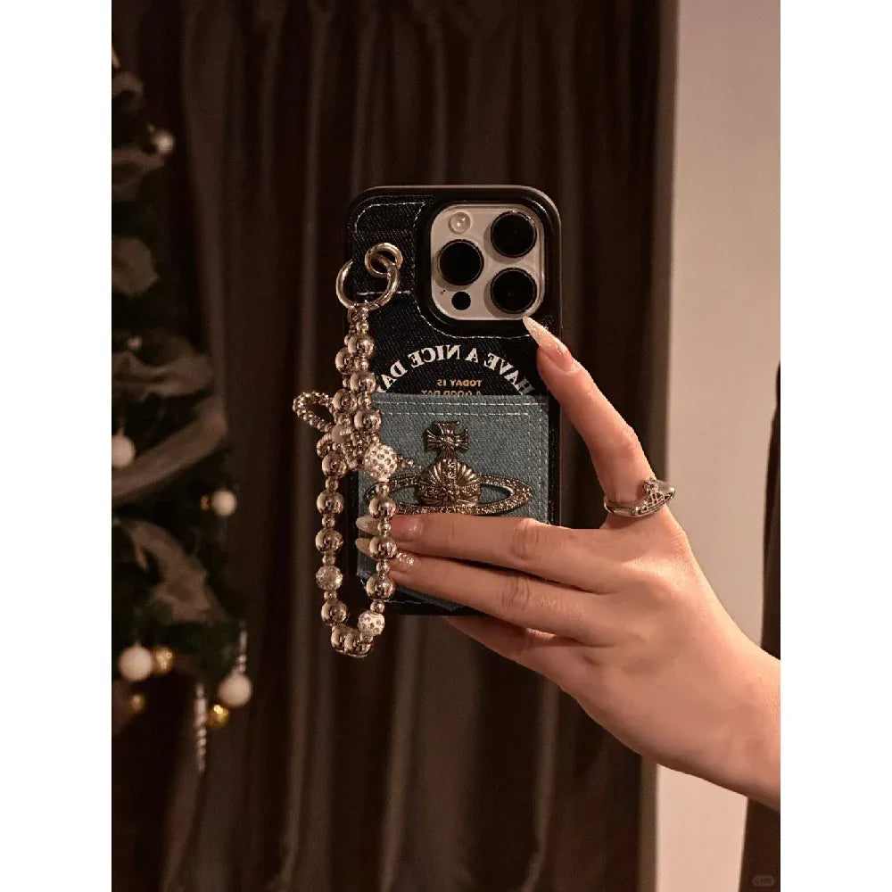 Ameigas Denim Planet Card Case - Ins Style Burlap & Celestial Print with Wallet Function - Ameigas