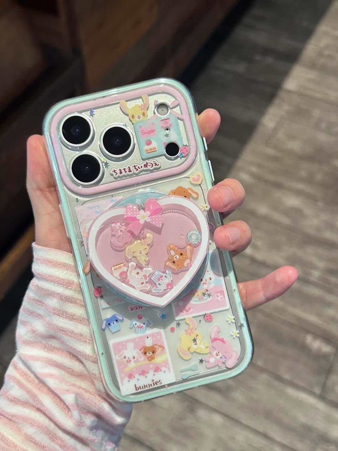 Ameigas 2-in-1 Bunny Dessert Case - Full-Screen Pink & Blue Cartoon Print with Magnetic Stand & Dual-Layer Protection - Ameigas