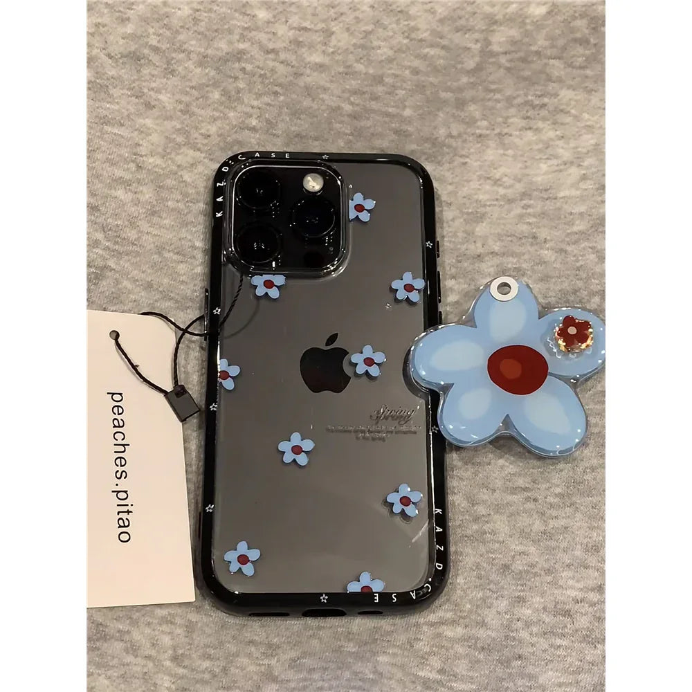 Ameigas Bloom Mirror Case - Spinning Blue Flowers & Magnetic Stand Acrylic Cover - Ameigas