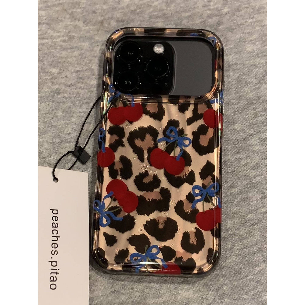 Ameigas Winter Cheetah Cherry Case - Insta-Fashion Design with Detachable Chain & Dual-Layer Hard Shell