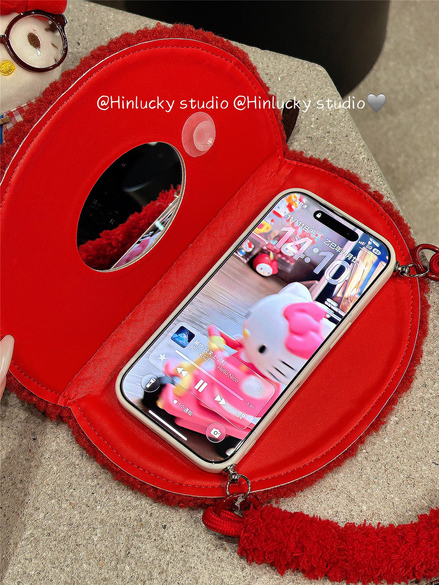 Ameigas Plush Flip Case - Cozy Red Apple Cat with Detachable Wrist Strap