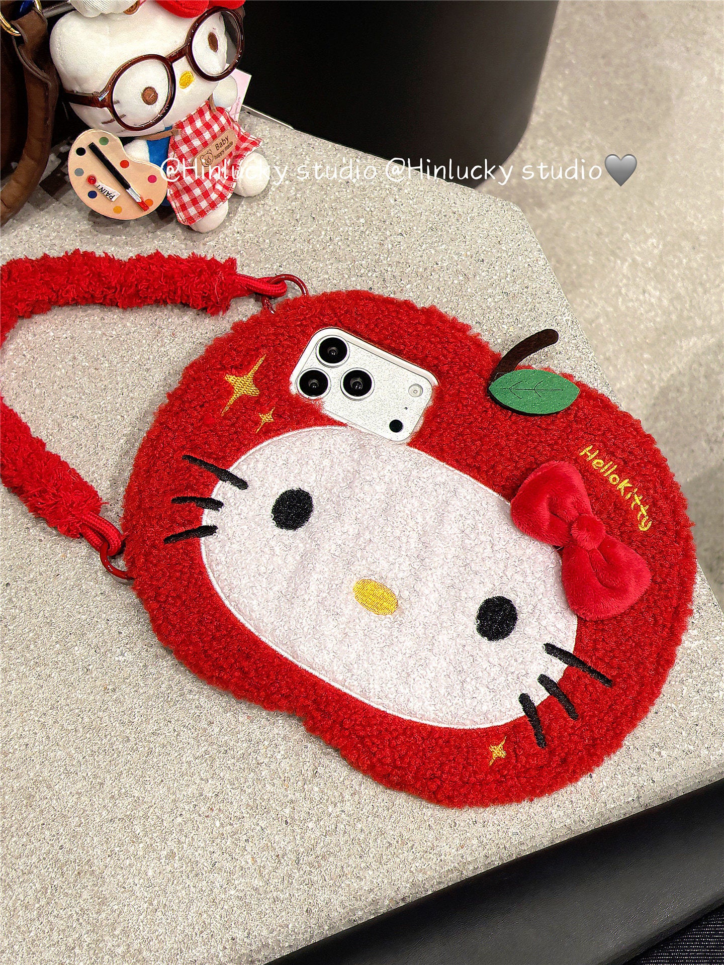 Ameigas Plush Flip Case - Cozy Red Apple Cat with Detachable Wrist Strap