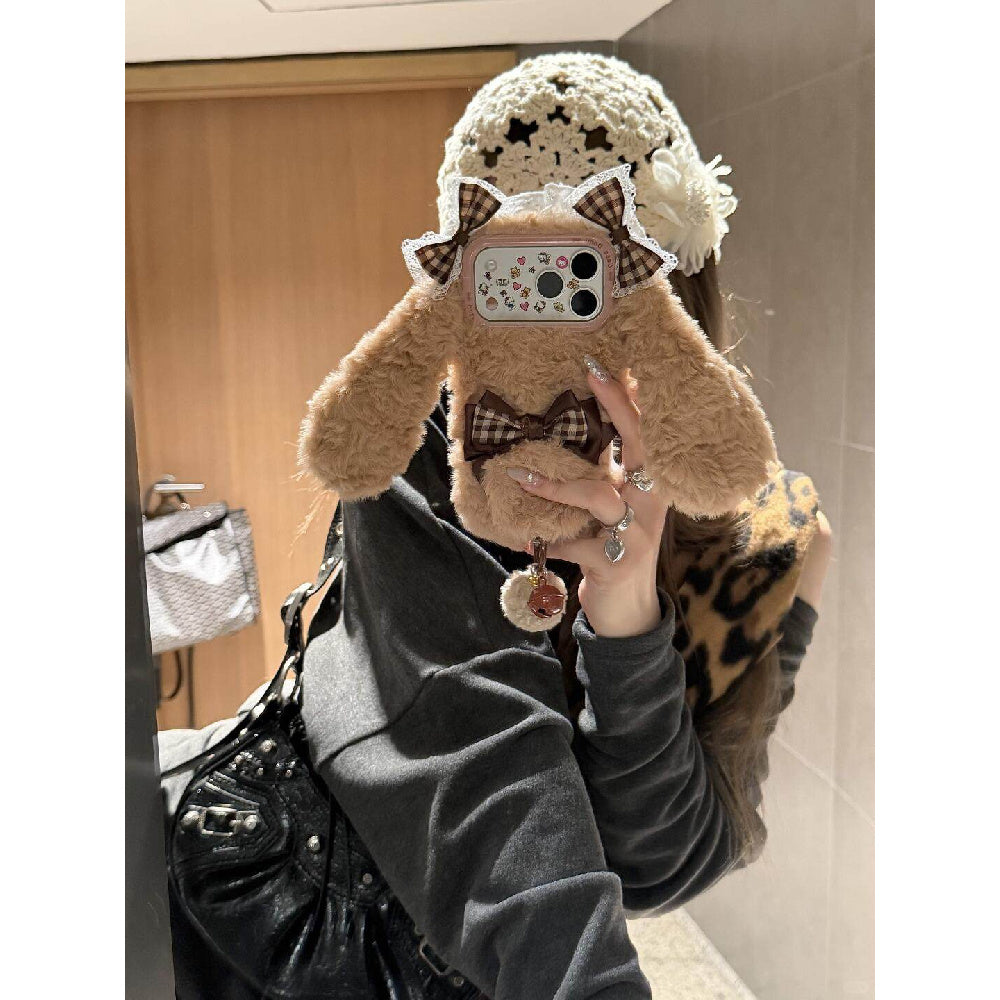Ameigas Plaid Plush Case - Brown Check with Faux Fur, Lace & Bunny Ears Design