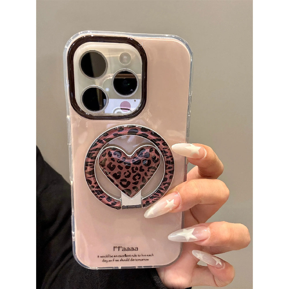 Ameigas Iced Mocha Leopard Case - Heart Print Folding MagSafe Stand & Dual Guard Cover