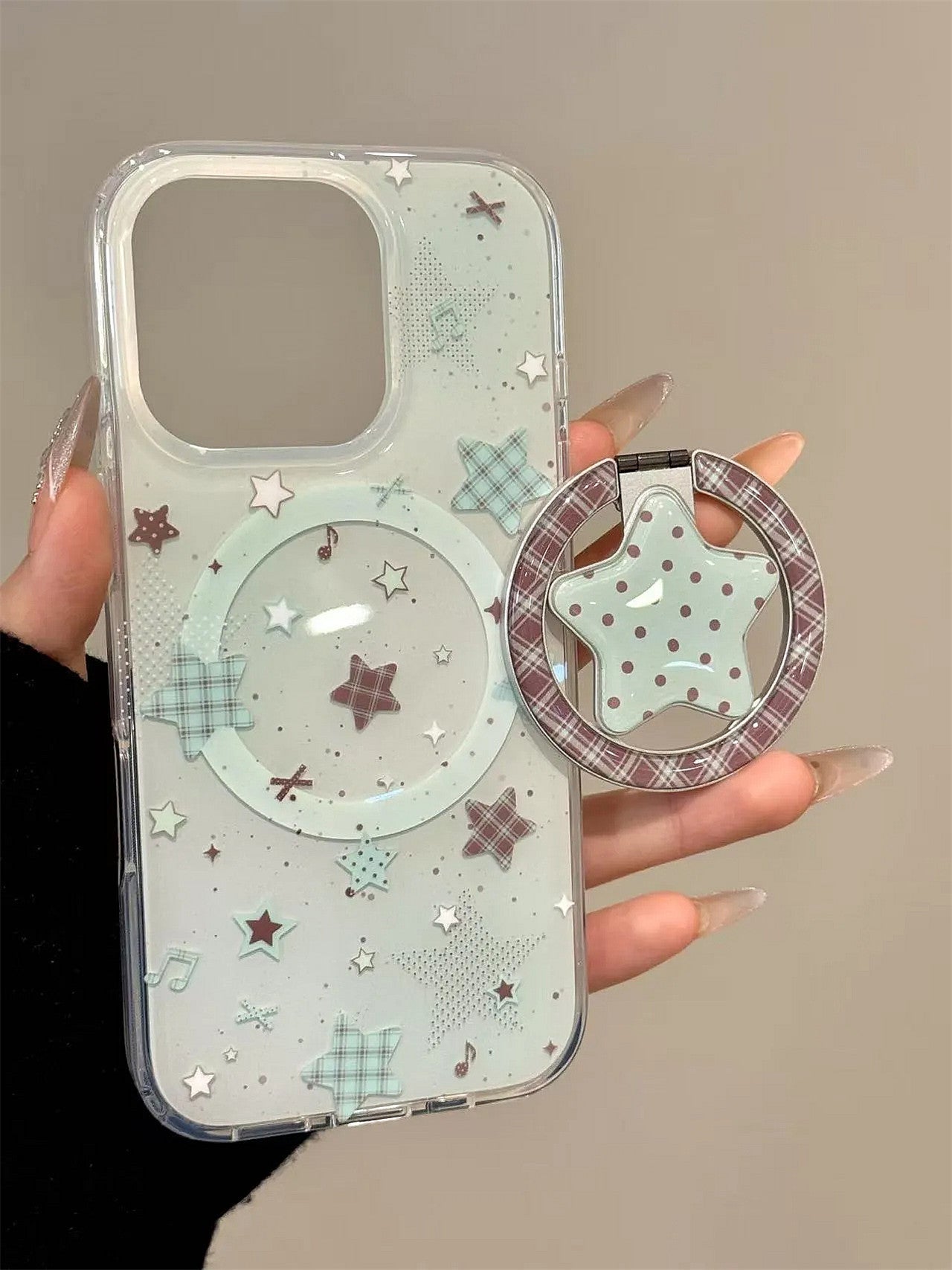 Ameigas Mint Check Star Stand Case - Korean Instagram Style DualGuard MagSafe Cover