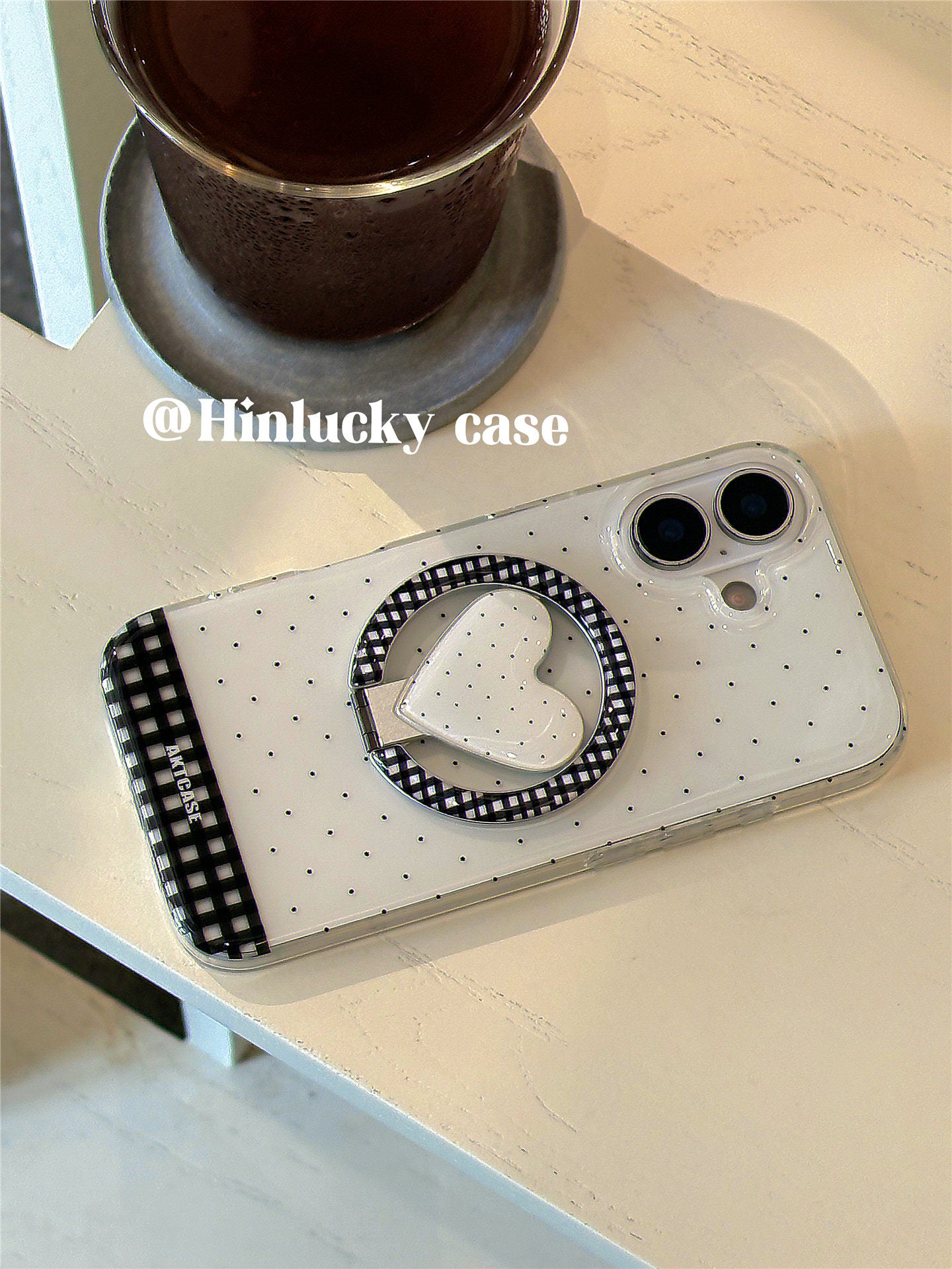 Ameigas Korean Ins Plaid Heart Polka Dot Magnetic Stand Phone Case