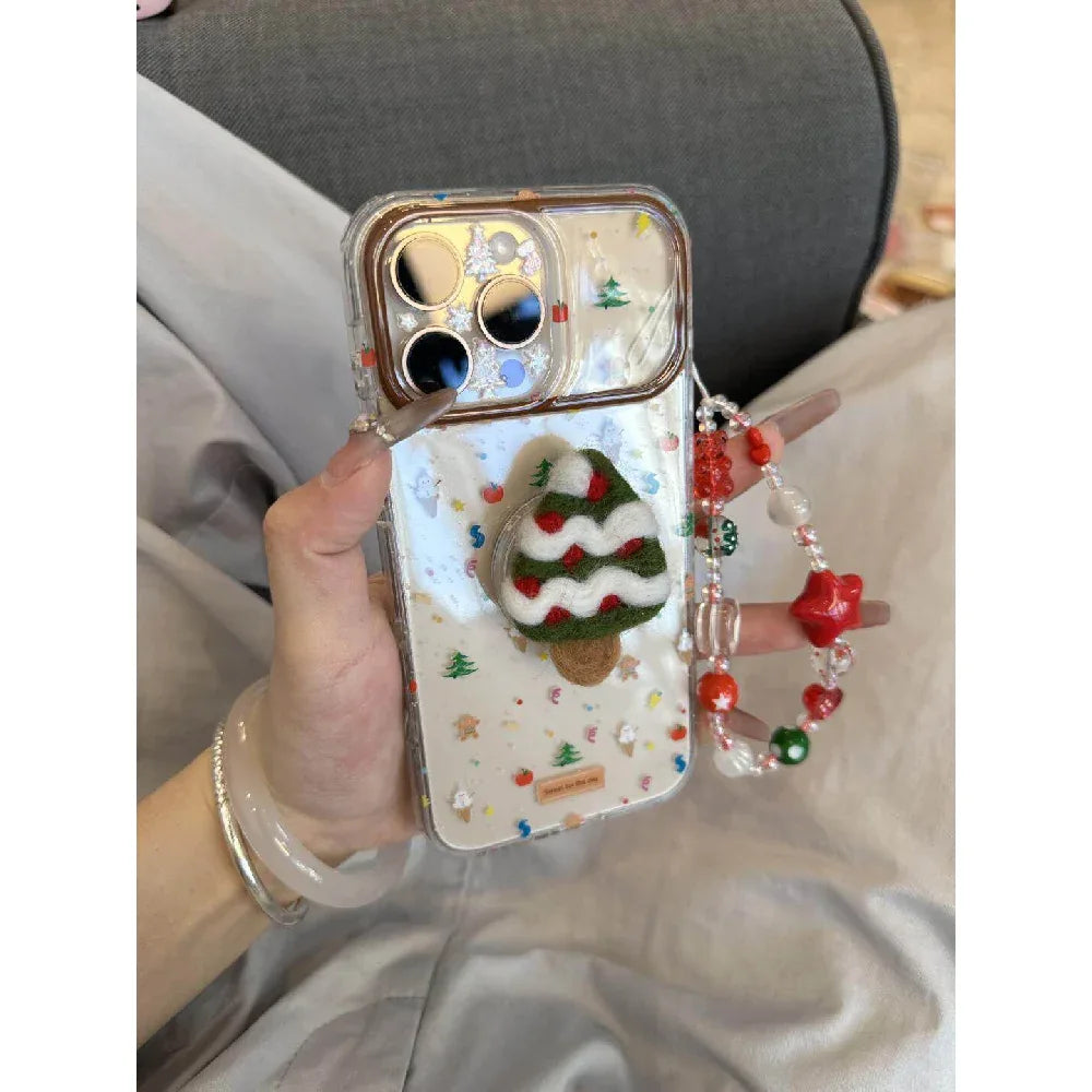 Ameigas Christmas Plush Case - Full-Screen Tree, Gingerbread & Snowflake Design with Clear Soft-Grip & Flip-Out Stand - Ameigas