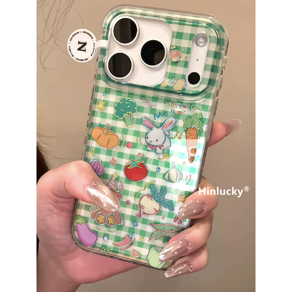 Ameigas Garden Patch Case - Green Gingham Bear, Bunny & Veggies with Gilt Accents