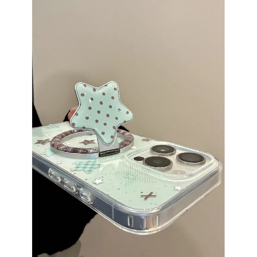 Ameigas Mint Check Star Stand Case - Korean Instagram Style DualGuard MagSafe Cover