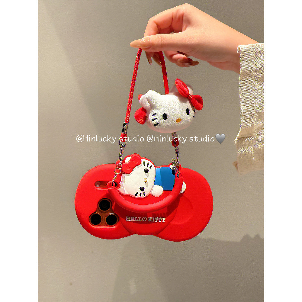 Ameigas Bow-Tie Kitty Strap Case - Red Ribbon Cat with Crossbody Strap Silicone Cover