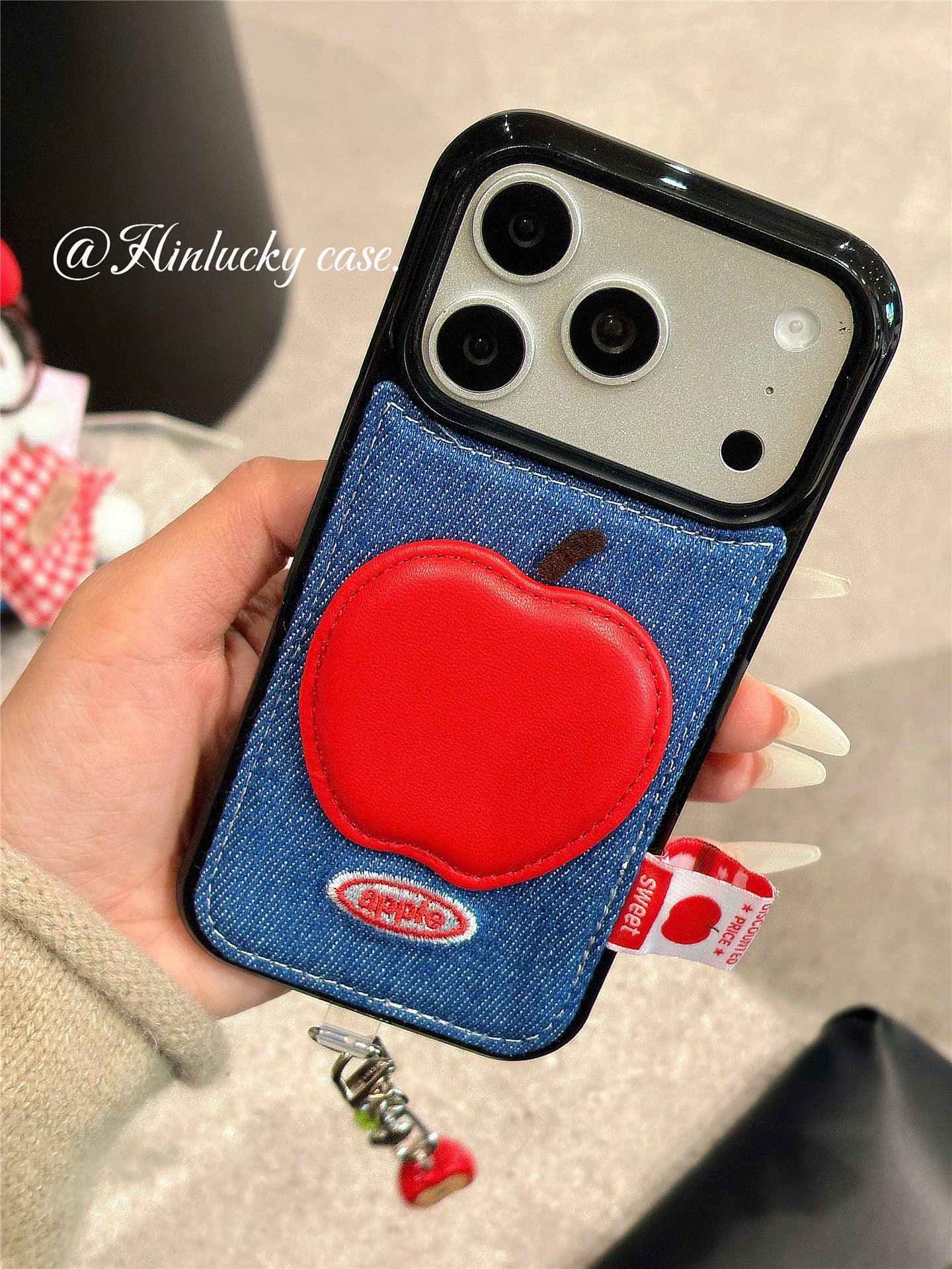 Ameigas Denim Harvest Case - 3D Red Apple Charm on Corduroy Full-Body Cover for iPhone