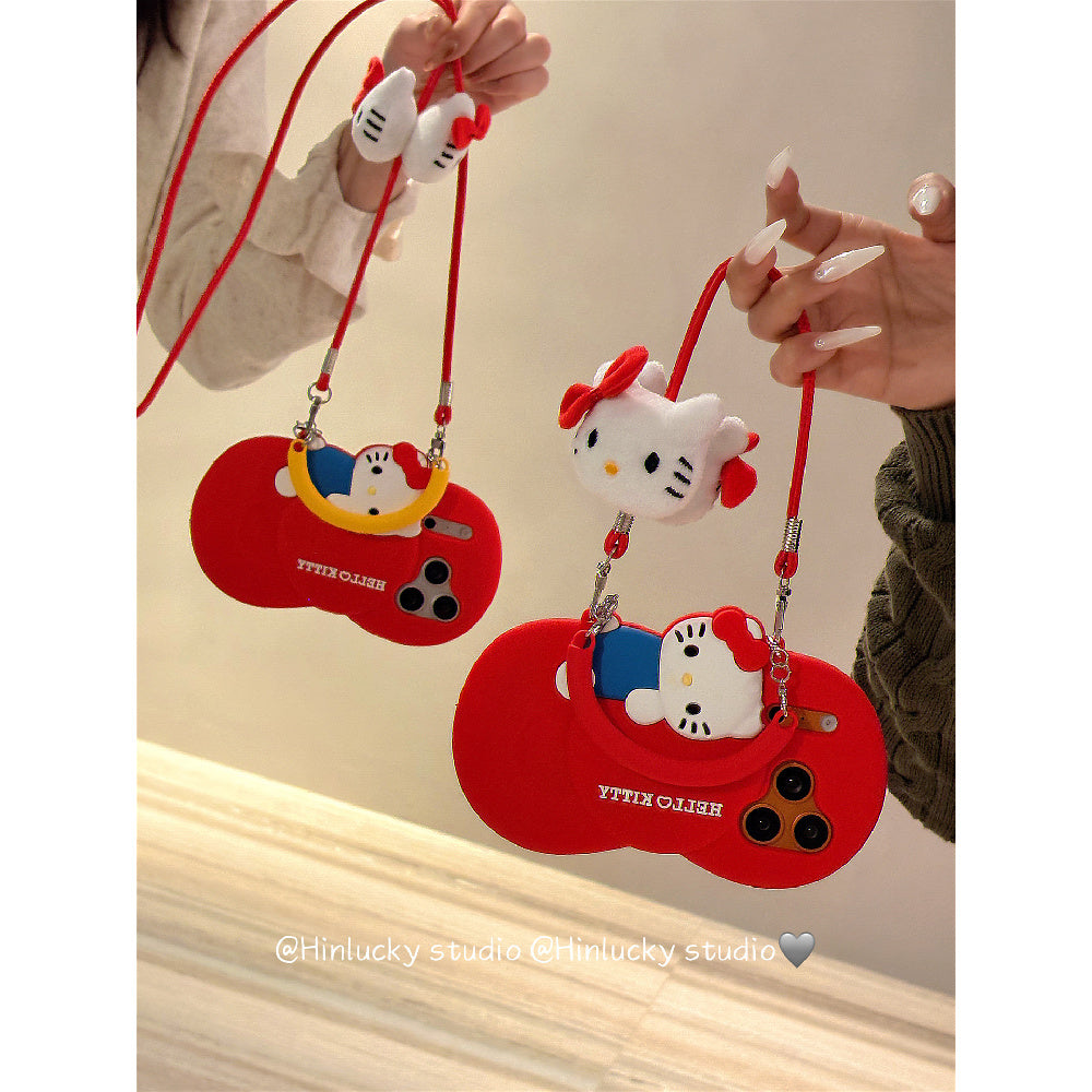 Ameigas Bow-Tie Kitty Strap Case - Red Ribbon Cat with Crossbody Strap Silicone Cover