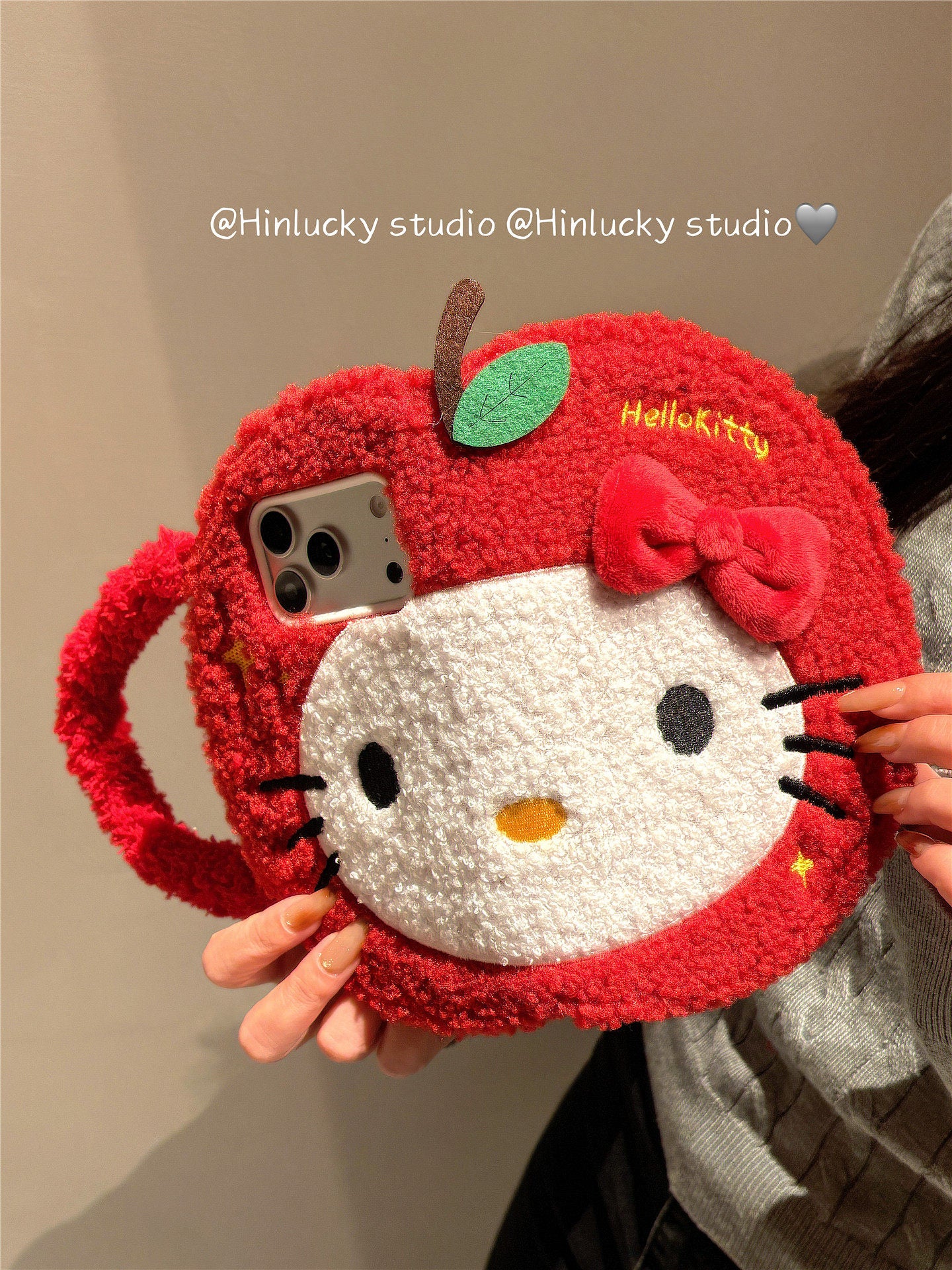 Ameigas Plush Flip Case - Cozy Red Apple Cat with Detachable Wrist Strap