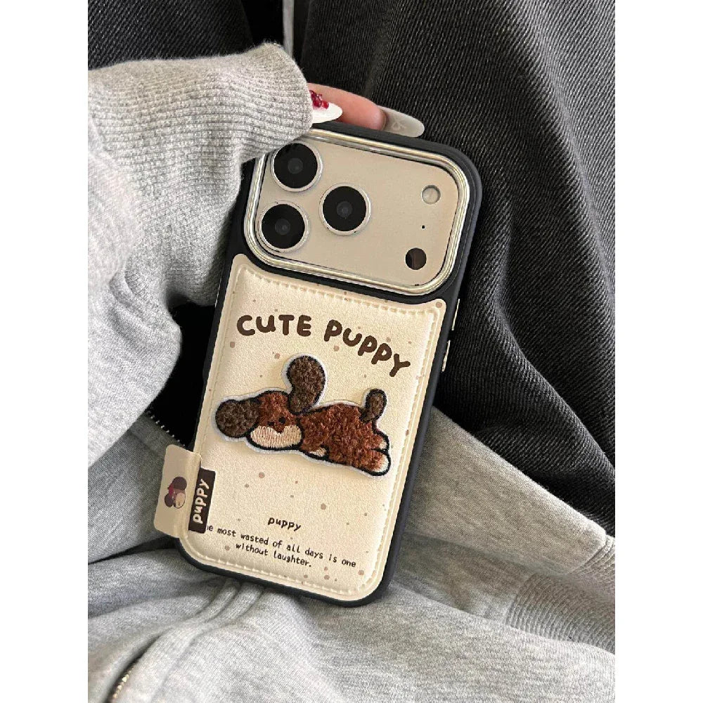 Ameigas Beige Embroidered Puppy Case - Fluffy 3D Applique Design with Full Protection - Ameigas