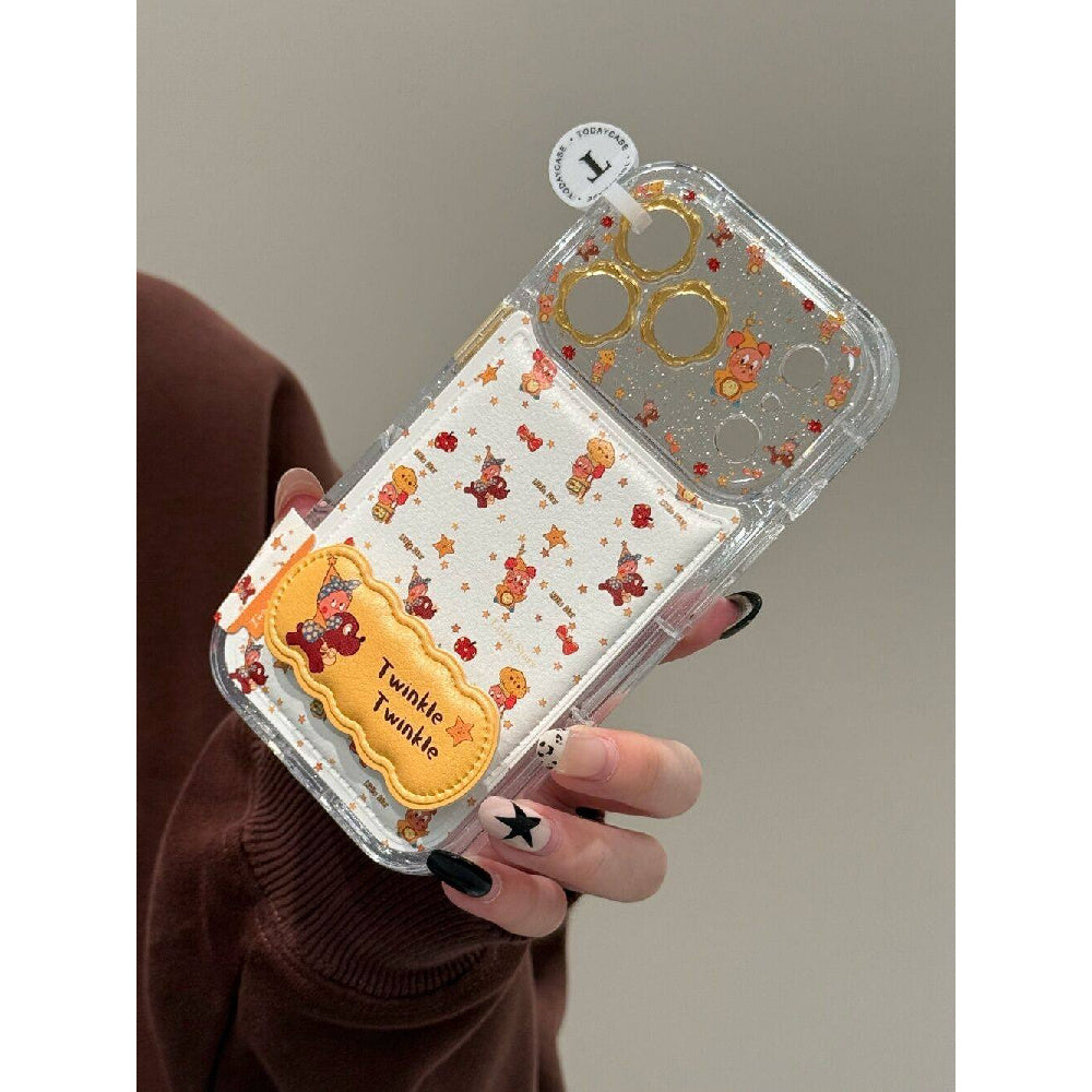 Ameigas Floral Starry Case - Glitter Flower, Leather Texture & Star Character Design with Built-in Stand