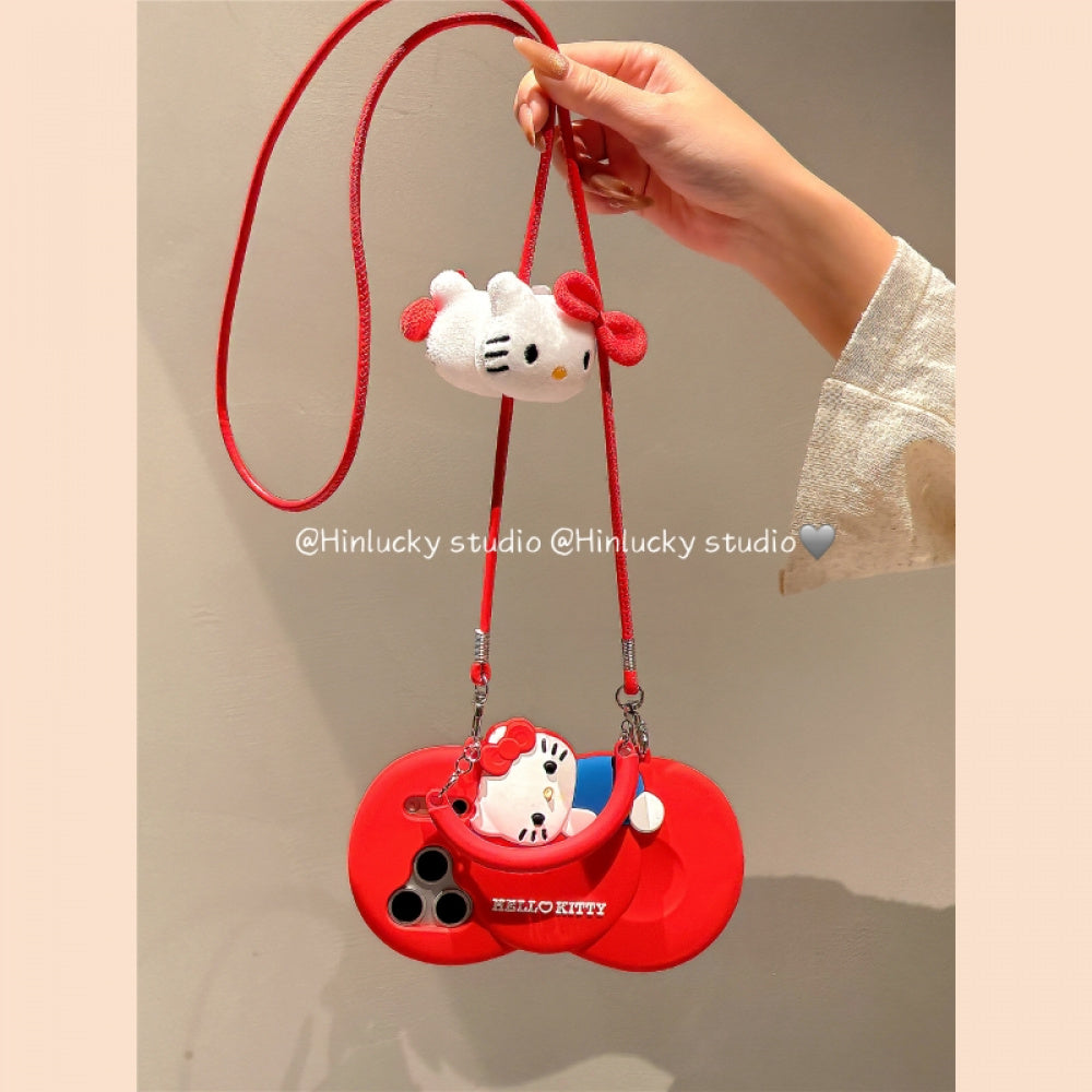 Ameigas Bow-Tie Kitty Strap Case - Red Ribbon Cat with Crossbody Strap Silicone Cover