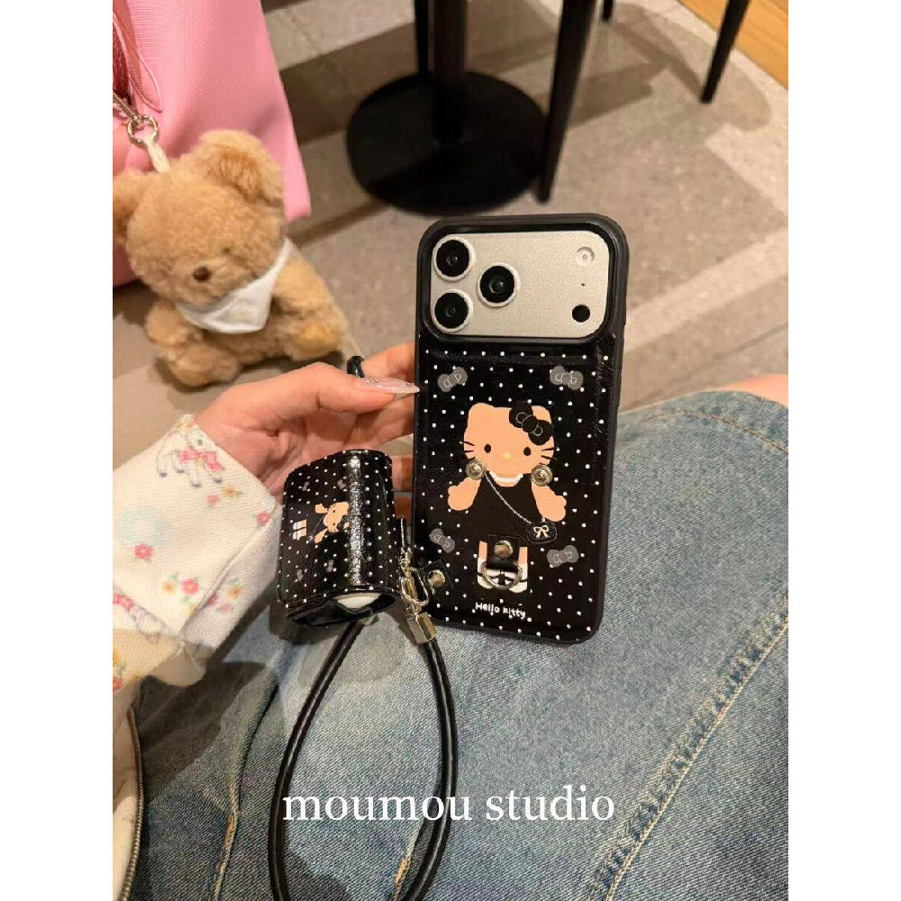 Ameigas Leather AirPods Cat Case - 2-in-1 Phone & Wireless Earbuds Holder with Strap