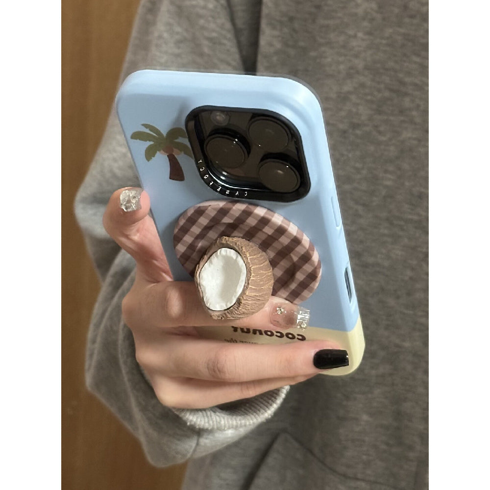 Ameigas Plaid & Palm Case - Yellow Checkered Design with Coconut Print, Detachable Kickstand & Magnetic Lock