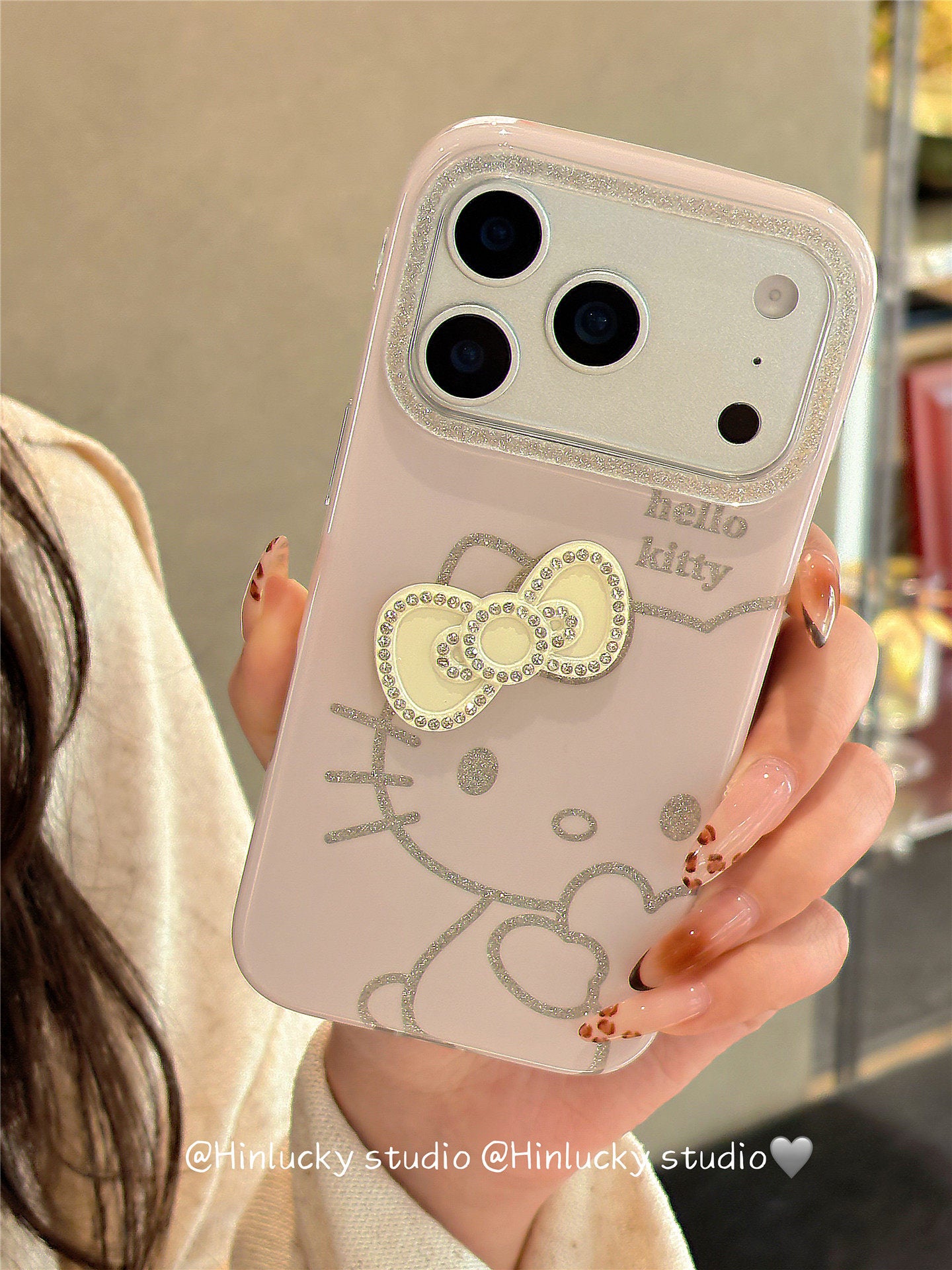 Ameigas Glitter Bow-Kitty Case - Pink Heart & Cat with MagSafe Pull-Ring