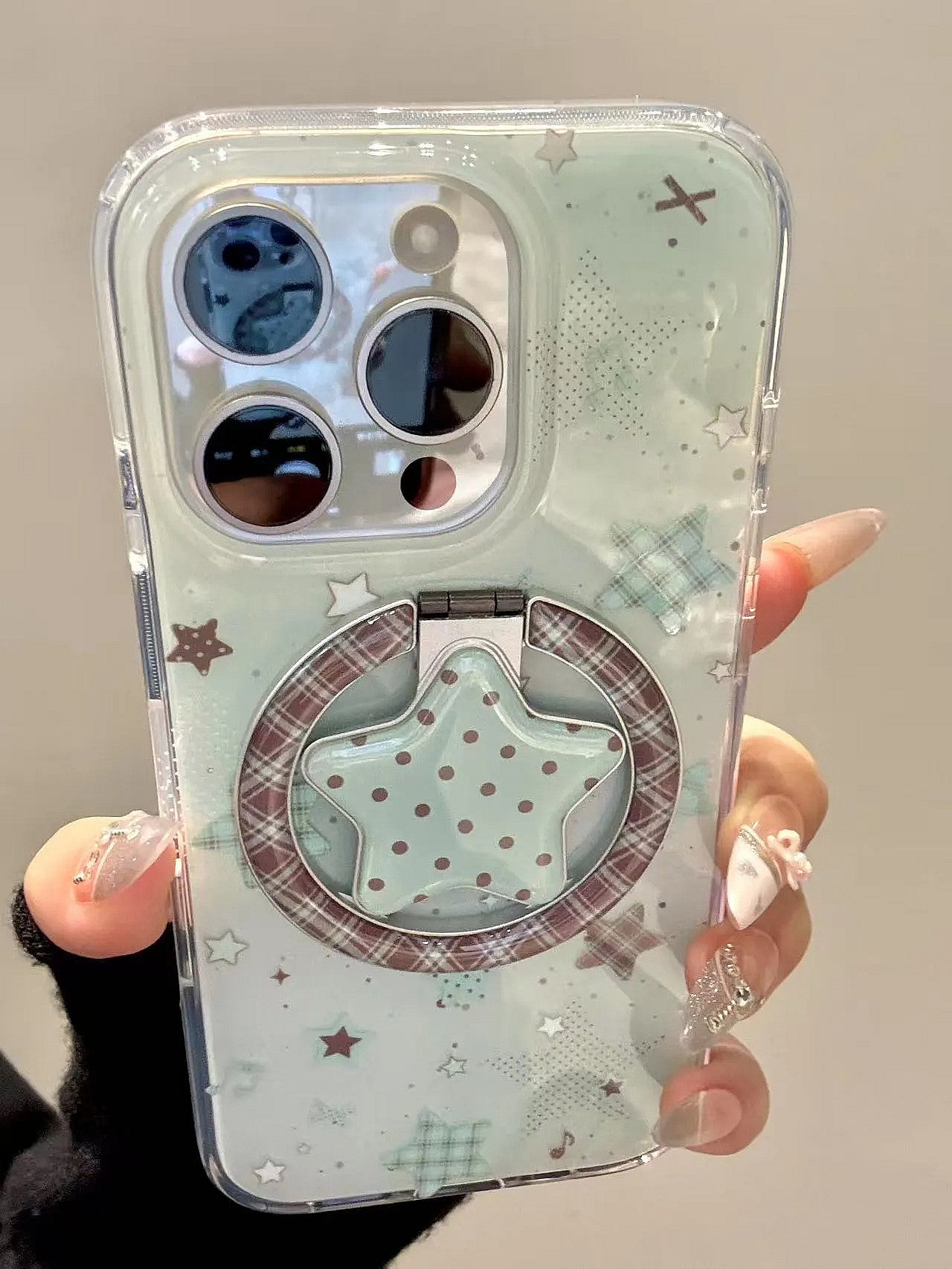 Ameigas Mint Check Star Stand Case - Korean Instagram Style DualGuard MagSafe Cover